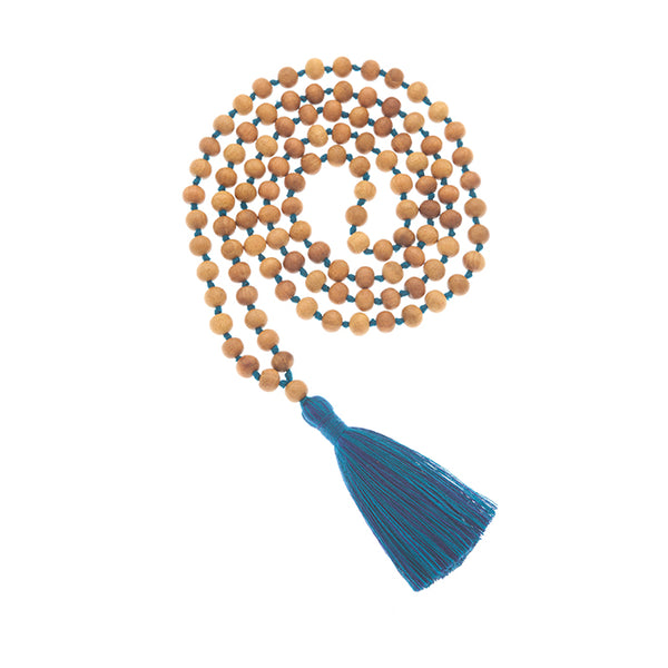 Sandalwood Mala beads for peace and calm | Teal tassel