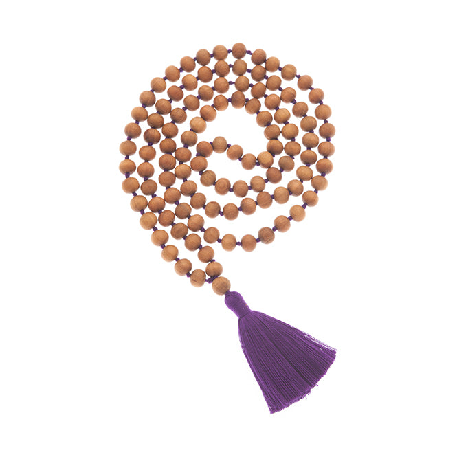 Sandalwood Mala beads for peace and calm | Purple tassel